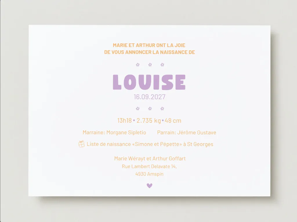 Faire-part de naissance personnalisé pour Louise aux tons doux et pastel, création artisanale de l’Atelier Valentine à Marchin en Belgique