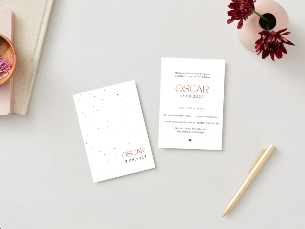 Faire-part de naissance personnalisé pour Louise aux tons doux et pastel, création artisanale de l’Atelier Valentine à Marchin en Belgique