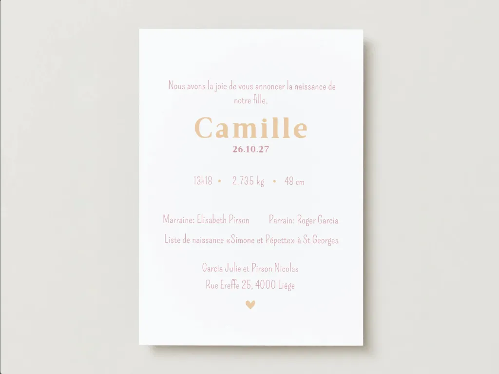 Faire-part de naissance personnalisé pour Louise aux tons doux et pastel, création artisanale de l’Atelier Valentine à Marchin en Belgique