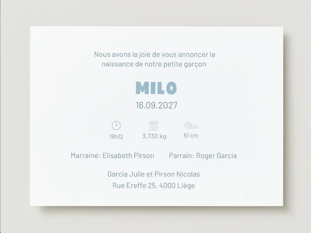 Faire-part de naissance personnalisé pour milo aux tons doux et pastel, création artisanale de l’Atelier Valentine à Marchin en Belgique