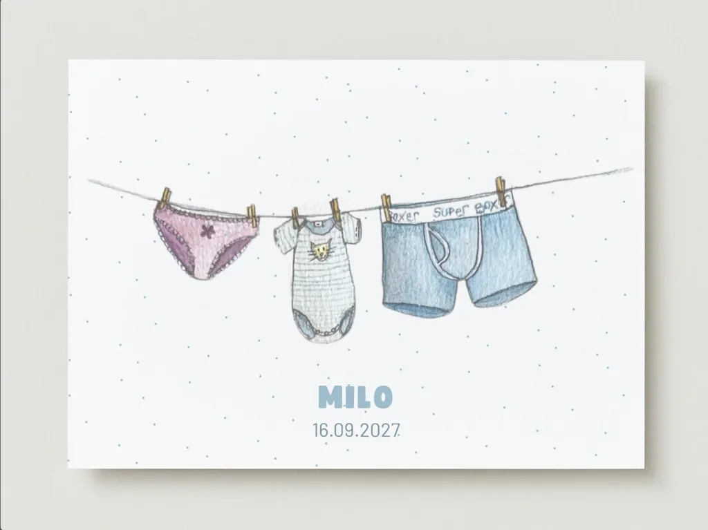 Faire-part de naissance personnalisé pour Milo aux tons doux et pastel, création artisanale de l’Atelier Valentine à Marchin en Belgique