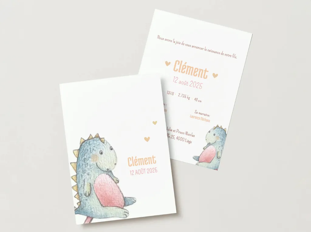 Faire-part de naissance personnalisé pour Clément aux tons doux et pastel, création artisanale de l’Atelier Valentine à Marchin en Belgique