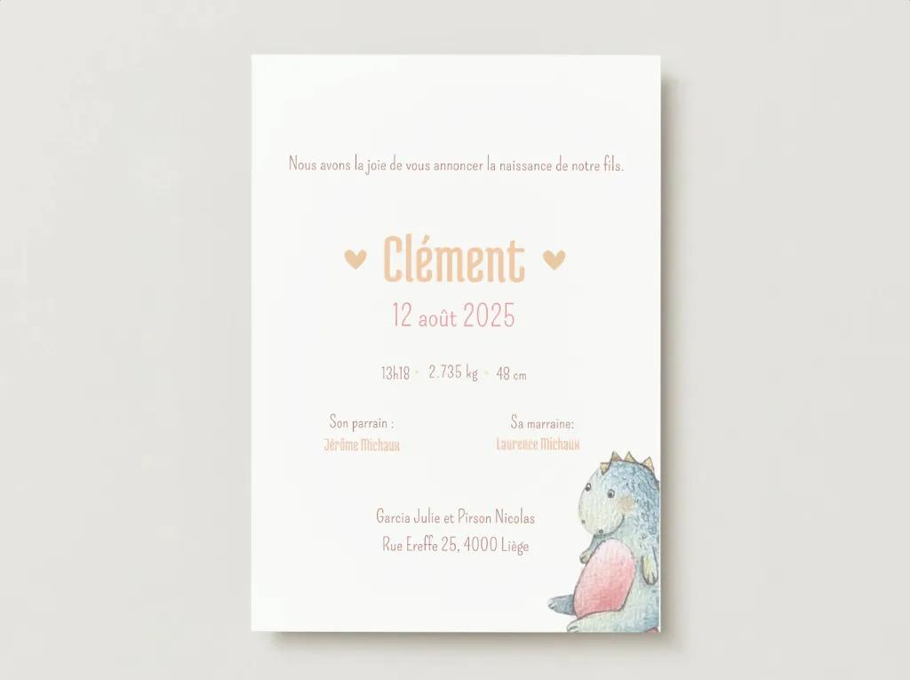 Faire-part de naissance personnalisé pour Clément aux tons doux et pastel, création artisanale de l’Atelier Valentine à Marchin en Belgique