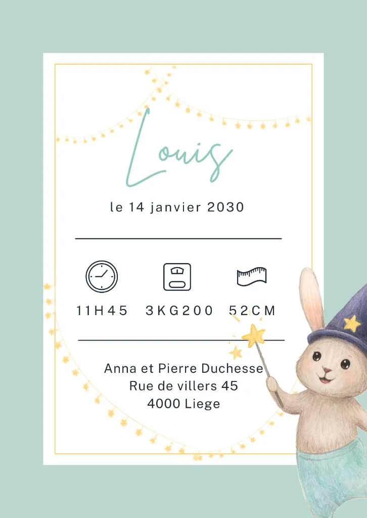 Faire-part naissance magicien personnalisable créer par l'atelier Valentine à marchin