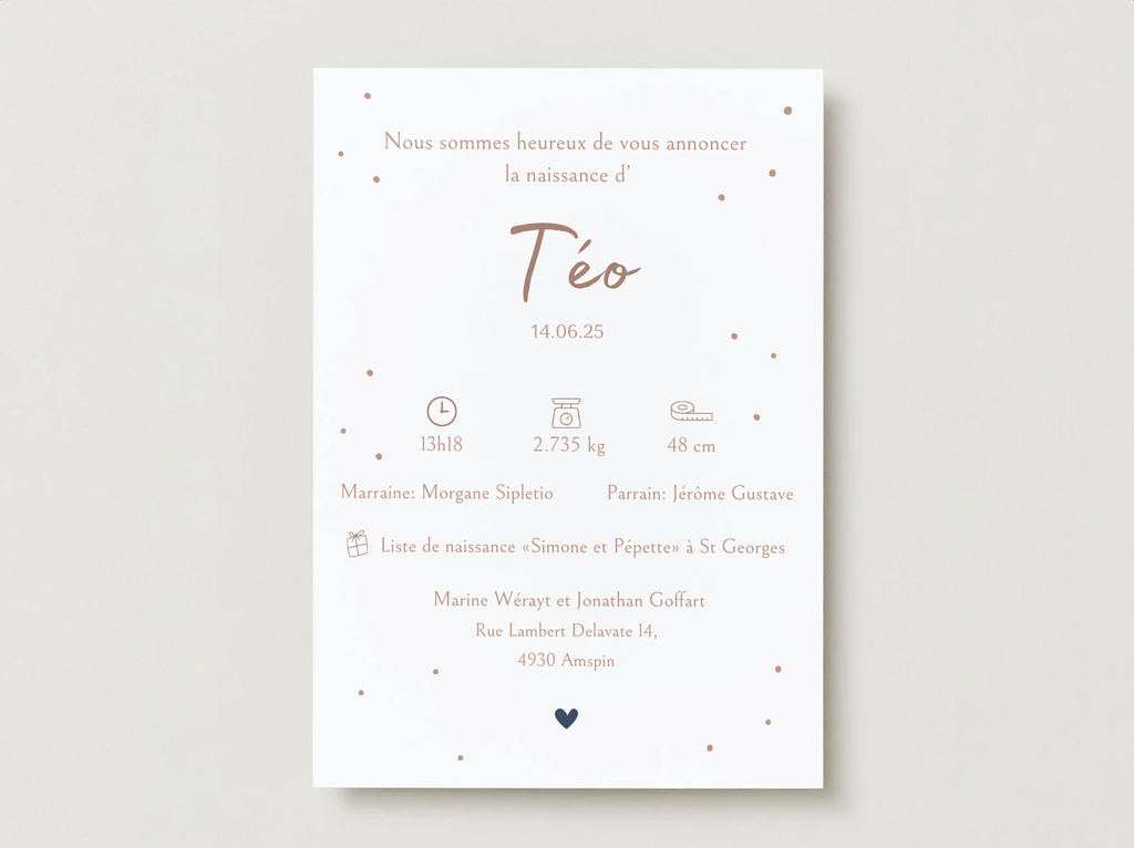 Faire-part de naissance personnalisé bleu nuit à l’ambiance douce, créé par Valentine à l’Atelier Valentine à Marchin en Belgique